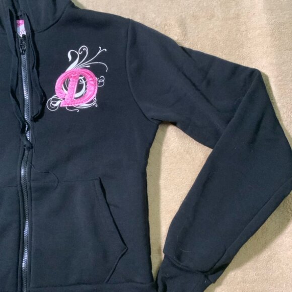 Danesi Jeans Sz Small Black Jacket Pink Embroidered "D" Zip Hood Pockets (E) - Picture 3 of 7